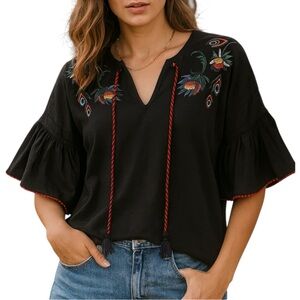 Tom Tailor Denim Black Embroidered Tasselled Short Sleeve Peasant Top Small